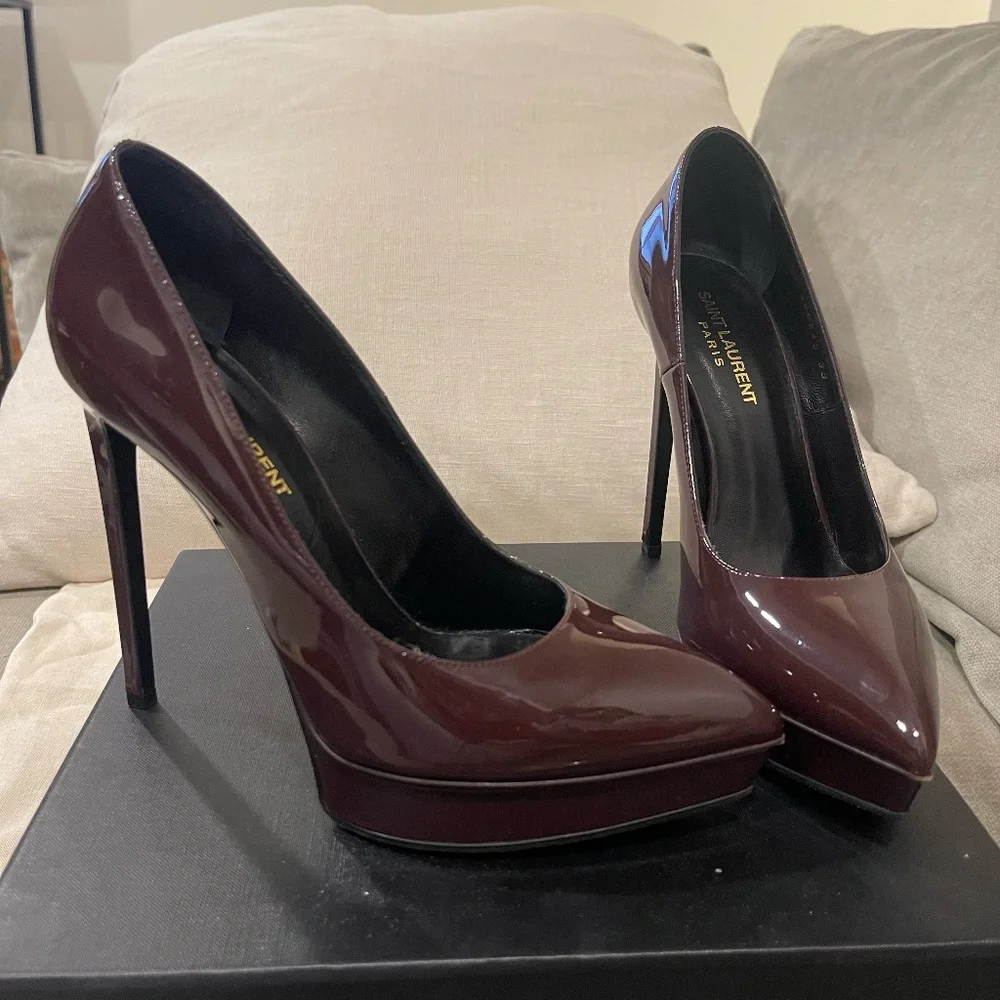 Saint Laurent Dark Burgundy Patent Heels - Picture 1 of 4